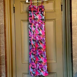 NWT Girls 14/16 Pink tropical print spaghetti strap Kenzie long romper